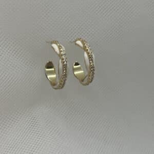Pendientes aros de plata chapada en oro amarillo esmalte blanco y circonitas
