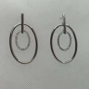 Pendientes de plata rodiada en oro blanco barrita con dos ovalos uno con circonitas