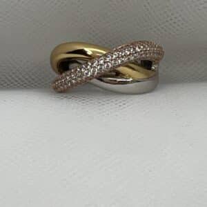 Anillo de plata tricolor oroa marillo , rosa y blanco con circonitas