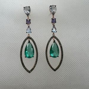 Pendientes largos de plata chapados en oro rosa de circonitas de colores