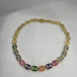 Collar de plata chapado en oro amarillo de eslabones con distintos colores de esmalte y circonitas