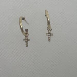 Pendientes de oro amarillo aritos con cruz de circonitas.